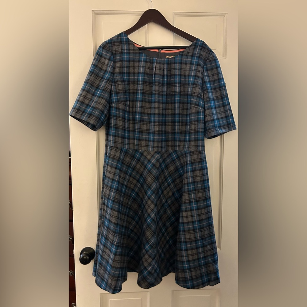 British Boden Tartan Plaid Tweed Moon Wool Dress Blue Gray UK 20 US 16 EUC